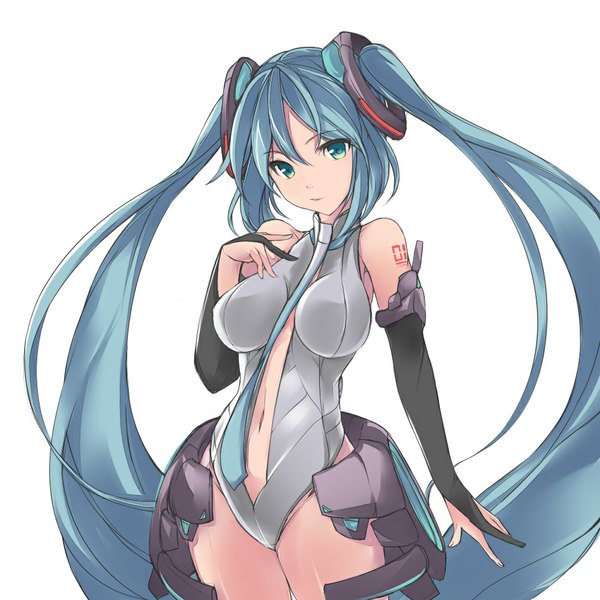 Anime picture 1000x1000 with vocaloid vocaloid append hatsune miku hatsune miku (append) faefaea single long hair looking at viewer light erotic simple background smile white background twintails green eyes blue hair girl gloves hair ornament black gloves necktie