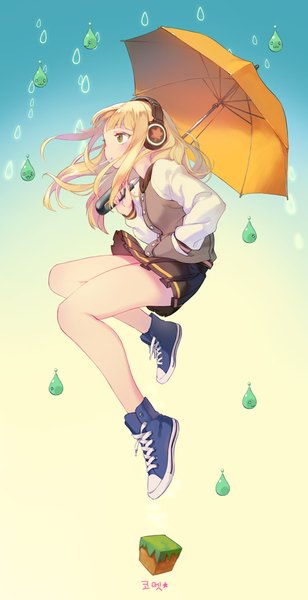 Anime picture 800x1556 with maplestory maplestory 2 wades mika comet (teamon) single long hair tall image fringe blonde hair holding brown eyes looking away full body bent knee (knees) blunt bangs profile pleated skirt bare legs gradient background floating hair