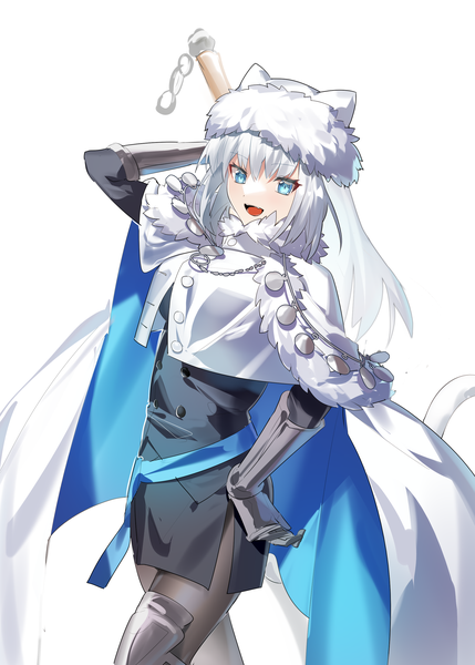 Anime picture 2000x2800 with fate (series) fate/grand order dobrynya nikitich (fate) dobrynya nikitich (first ascension) (fate) grape (pixiv27523889) single long hair tall image looking at viewer fringe highres open mouth blue eyes simple background hair between eyes white background silver hair :d fur trim hand on hip