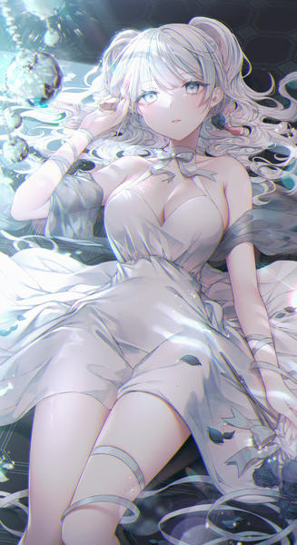 Anime picture 750x1377 with original ozzingo single long hair tall image looking at viewer fringe breasts light erotic hair between eyes large breasts twintails payot cleavage white hair lying parted lips arm up from above blurry