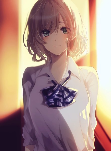 Anime picture 999x1358 with original chunnkoromochi single tall image looking at viewer blush fringe short hair breasts blonde hair smile hair between eyes green eyes payot head tilt light smile sunlight shadow evening sunset