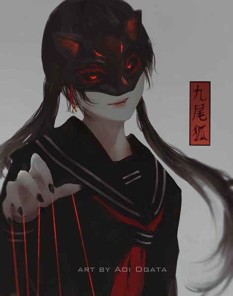 Anime picture 1404x1782 with original aoi ogata single long hair tall image looking at viewer open mouth black hair simple background red eyes twintails signed upper body nail polish head tilt fingernails grey background fang (fangs) hieroglyph black nail polish