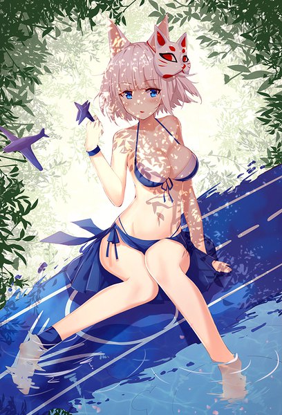 Anime picture 681x1000 with azur lane kaga (azur lane) kaga (everlasting killing stone) (azur lane) byakuya reki single tall image looking at viewer blush fringe short hair breasts blue eyes light erotic simple background large breasts white background sitting holding animal ears cleavage