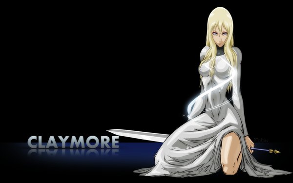 Anime picture 2560x1600 with claymore madhouse clare (claymore) single long hair highres blonde hair wide image purple eyes inscription kneeling girl dress sword