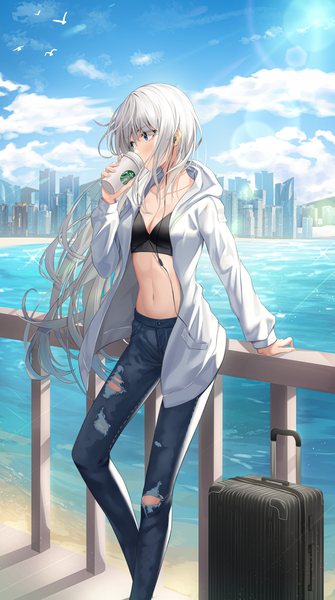 Anime picture 3600x6450 with original starbucks shuvi (shuvi1125) single long hair tall image blush fringe highres breasts blue eyes light erotic hair between eyes standing holding looking away absurdres sky cleavage silver hair