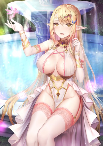 Anime picture 3125x4407 with original mizuya nao tall image looking at viewer blush fringe highres breasts open mouth light erotic blonde hair smile hair between eyes large breasts sitting yellow eyes payot absurdres outdoors very long hair