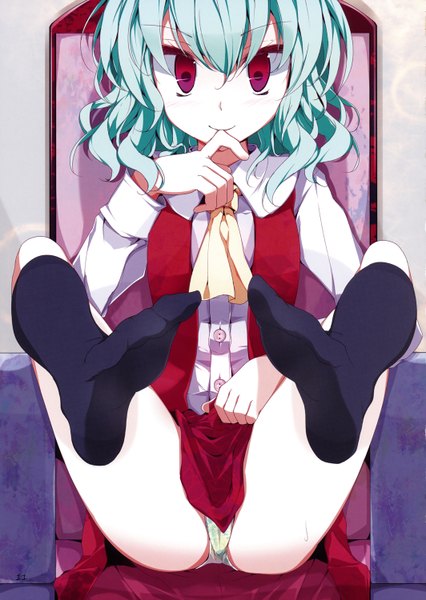 Anime-Bild 1064x1500 mit touhou kazami yuuka oouso (usotsukiya) single tall image short hair light erotic red eyes green hair light smile pantyshot finger to mouth pantyshot sitting girl socks black socks