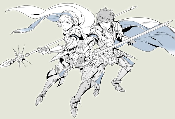 Anime picture 1200x817 with granblue fantasy gita (granblue fantasy) gran (granblue fantasy) mikurou (nayuta) short hair open mouth simple background looking away monochrome spread arms fighting stance partially colored girl boy weapon hair ribbon sword hairband armor cape
