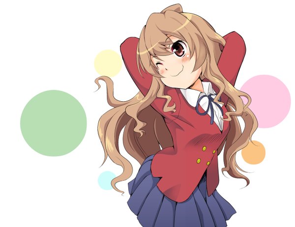 Anime picture 1296x1000 with toradora j.c. staff aisaka taiga single long hair blush simple background smile red eyes brown hair one eye closed wink arms behind head girl skirt uniform school uniform