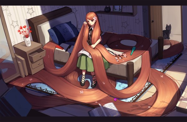 Anime picture 3228x2108 with original cubies (tiger 205) highres open mouth sitting brown eyes absurdres indoors braid (braids) very long hair hair flower sunlight letterboxed girl dress hair ornament flower (flowers) animal pillow star (symbol)