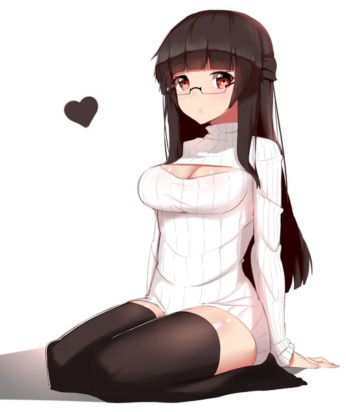 Anime picture 2448x2912 with original tigersaber single long hair tall image looking at viewer blush fringe highres light erotic black hair simple background red eyes white background sitting cleavage no shoes half updo girl thighhighs