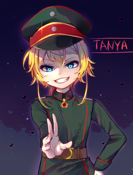 Anime picture 1000x1317 with youjo senki tanya degurechaff myoco single tall image fringe short hair blue eyes simple background blonde hair smile hair between eyes upper body long sleeves character names hand on hip outstretched arm military crazy smile soldier