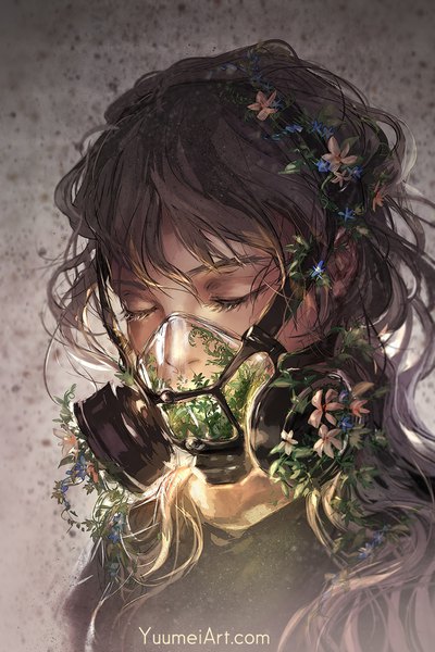 Anime picture 1080x1620 with original yuumei single long hair tall image fringe simple background brown hair signed upper body eyes closed portrait wavy hair girl flower (flowers) plant (plants) respirator