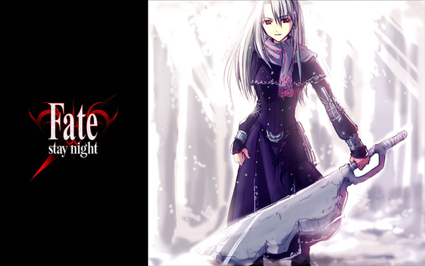 Anime picture 1680x1050 with fate (series) fate/stay night fate/hollow ataraxia studio deen type-moon illyasviel von einzbern single long hair red eyes wide image white hair girl weapon scarf huge weapon huge sword