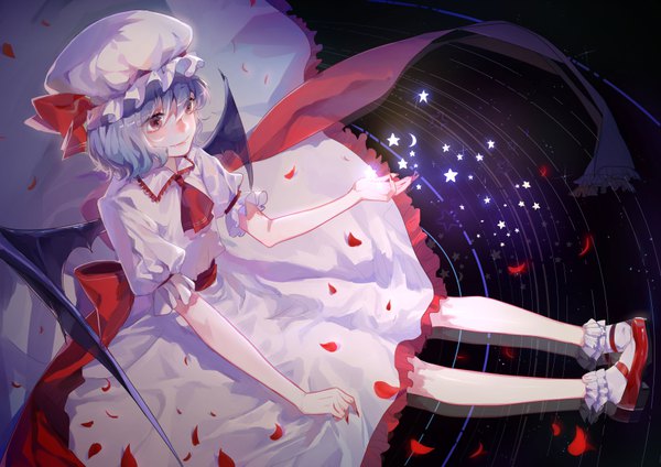 Anime picture 7016x4961 with touhou remilia scarlet zhibuji loom single highres short hair smile red eyes sitting blue hair absurdres full body fingernails from above outstretched arm long fingernails bat wings girl dress hat
