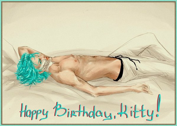 Anime picture 1057x755 with bleach studio pierrot grimmjow jeagerjaques oriental-lady single short hair light erotic lying profile aqua eyes aqua hair border happy birthday espada boy