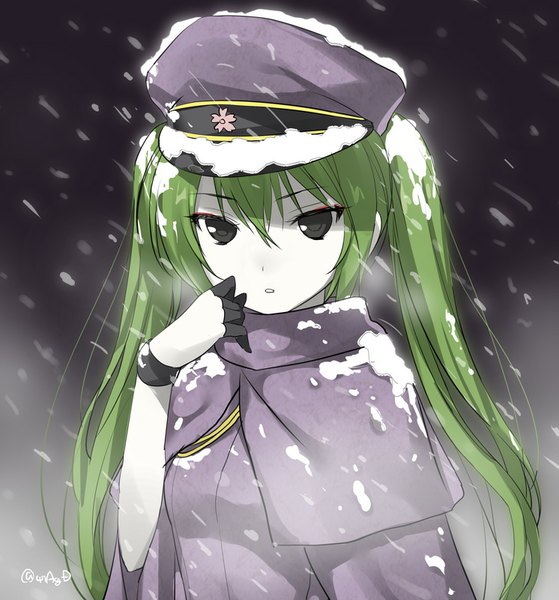 Anime picture 746x800 with vocaloid senbonzakura (vocaloid) hatsune miku 47agdragon single long hair tall image looking at viewer fringe twintails green eyes wind black eyes snowing close-up snow white skin girl gloves shirt