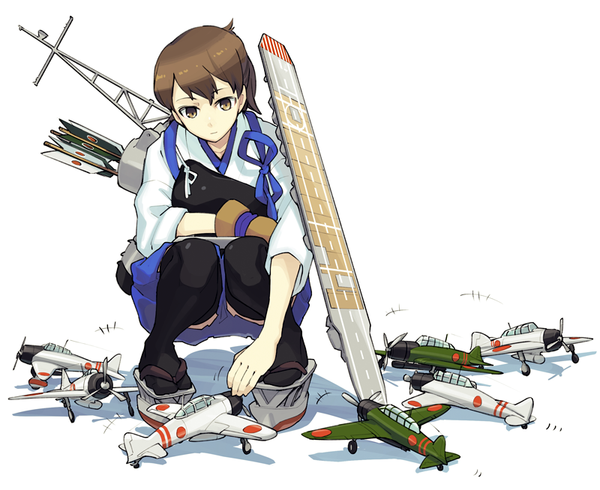 Anime picture 800x654 with kantai collection kaga aircraft carrier nakatani single short hair simple background brown hair white background brown eyes traditional clothes japanese clothes side ponytail looking down squat girl thighhighs weapon black thighhighs armor bow (weapon)