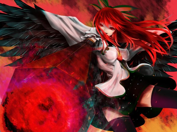 Anime picture 2000x1500 with touhou reiuji utsuho ho6clu single long hair highres red eyes red hair arm cannon girl thighhighs skirt weapon black thighhighs miniskirt shirt wings