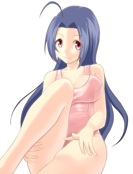 Anime picture 1110x1452 with idolmaster miura azusa taka (takahirokun) single long hair tall image looking at viewer breasts light erotic simple background red eyes white background sitting purple hair bent knee (knees) girl swimsuit one-piece swimsuit