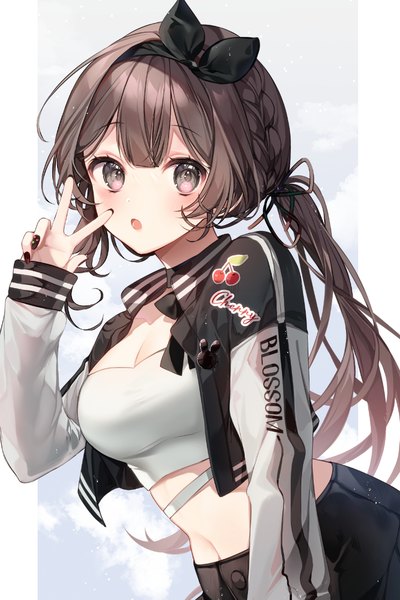 Anime picture 755x1133 with virtual youtuber voice-ore benikaba sakura taya oco single long hair tall image looking at viewer blush fringe breasts open mouth simple background brown hair standing brown eyes cleavage braid (braids) long sleeves nail polish