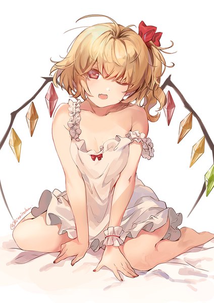 Anime picture 1000x1415 with touhou flandre scarlet kita (kitairoha) single tall image looking at viewer short hair open mouth light erotic simple background blonde hair red eyes white background sitting signed ahoge one eye closed twitter username one side up wariza