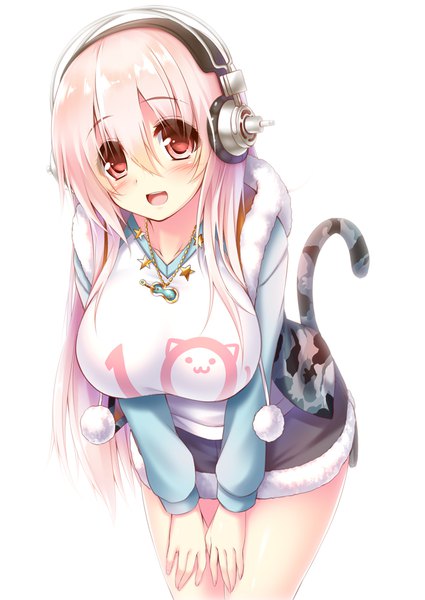 Anime picture 708x1000 with nitroplus super sonico syroh single long hair tall image looking at viewer blush breasts open mouth light erotic red eyes large breasts white background pink hair girl skirt miniskirt headphones