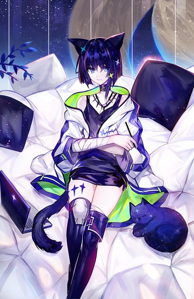 Anime picture 1400x2160 with original juexing (moemoe3345) single tall image looking at viewer short hair blue eyes smile bare shoulders animal ears cleavage purple hair tail animal tail cat ears off shoulder night open jacket cat girl cat tail
