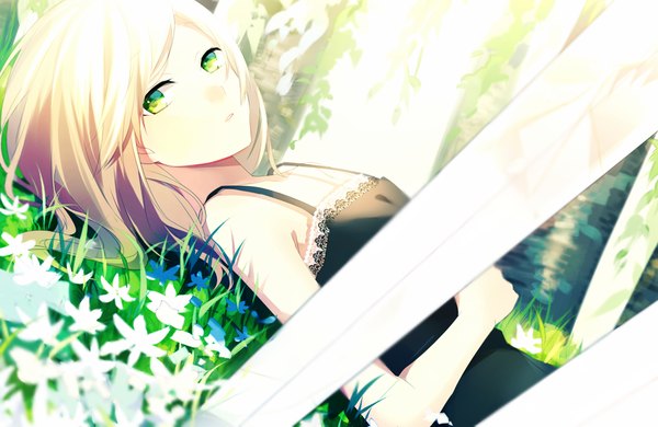 Anime picture 1000x650 with original achiki single looking at viewer blush short hair open mouth blonde hair bare shoulders green eyes sunlight on back turning head nature girl dress flower (flowers) plant (plants) tree (trees) black dress