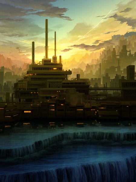 Anime picture 1500x2000 with original juuyonkou tall image sky cloud (clouds) city evening sunset no people landscape city lights waterfall water building (buildings)