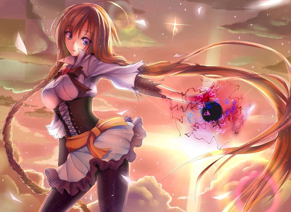 Anime picture 1361x992 with original aki663 single blue eyes brown hair twintails cloud (clouds) braid (braids) very long hair evening sunset girl dress energy ball