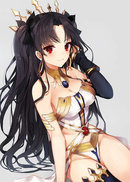 Anime picture 800x1122 with fate (series) fate/grand order ishtar (fate) emyo single long hair tall image looking at viewer blush fringe breasts light erotic black hair simple background smile red eyes large breasts sitting bare shoulders grey background