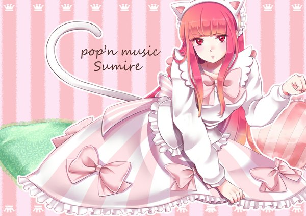Anime picture 1000x706 with pop'n music sumire kicori single long hair looking at viewer red eyes animal ears pink hair cat ears cat girl cat tail girl dress bow