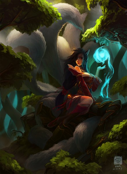 Anime picture 1920x2631 with league of legends ahri (league of legends) 6kart single long hair tall image looking at viewer highres breasts large breasts sitting animal ears yellow eyes tail animal tail lips glowing multiple tails girl weapon