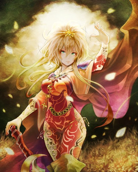 Anime picture 802x1000 with romancing saga tagme (character) akaikitsune single long hair tall image looking at viewer blonde hair green eyes traditional clothes girl dress hair ornament plant (plants) petals grass