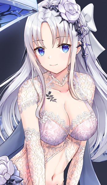 Anime picture 985x1695 with original lunacle single long hair tall image looking at viewer blush fringe breasts blue eyes light erotic simple background smile hair between eyes large breasts standing payot cleavage silver hair upper body