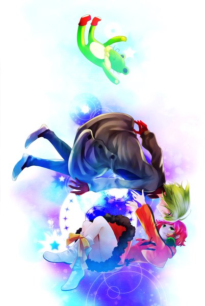 Anime picture 1500x2239 with aquarion (series) aquarion evol satelight jin musou yunoha thrul tall image short hair simple background white background green eyes red hair green hair couple tears crying girl boy gloves toy stuffed animal