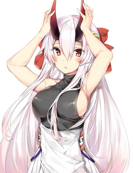 Anime picture 1000x1300 with fate (series) fate/grand order tomoe gozen (fate) silver (chenwen) single long hair tall image looking at viewer blush fringe breasts light erotic simple background hair between eyes red eyes large breasts white background upper body white hair parted lips