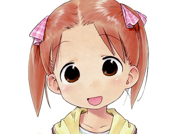 Anime picture 1600x1200 with ichigo mashimaro matsuoka miu barasui single looking at viewer short hair open mouth brown hair white background twintails brown eyes head tilt :d girl child (children)