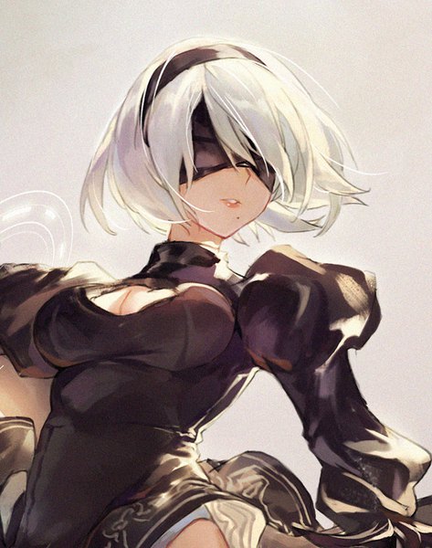 Anime picture 689x874 with nier nier:automata yorha no. 2 type b criin single tall image short hair breasts simple background large breasts white background cleavage upper body white hair parted lips grey background mole teeth puffy sleeves lipstick