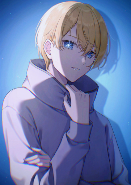 Anime picture 1434x2027 with oshi no ko hoshino aquamarine amai melo single tall image looking at viewer fringe short hair blue eyes simple background blonde hair hair between eyes upper body shadow symbol-shaped pupils blue background shaded face adjusting clothes boy