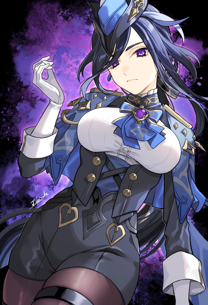 Anime picture 1032x1515 with genshin impact clorinde (genshin impact) tatsuma daisuke single long hair tall image breasts light erotic black hair standing purple eyes signed looking away ponytail dark background girl gloves earrings white gloves thigh strap