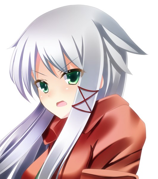 Anime picture 1443x1627 with original akine (kuroyuri) single long hair tall image blush open mouth simple background white background green eyes white hair girl