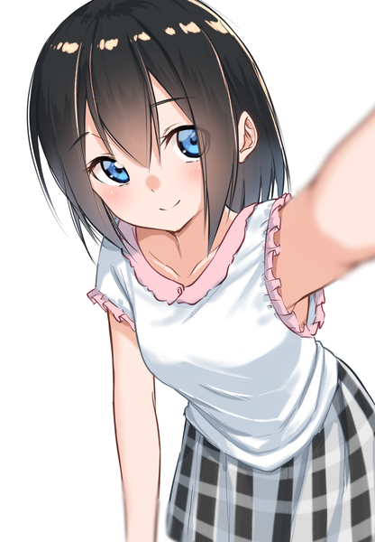 Anime picture 833x1200 with original suzunari shizuku yuki arare single tall image looking at viewer blush fringe short hair breasts blue eyes black hair simple background smile hair between eyes standing white background arm up blurry leaning