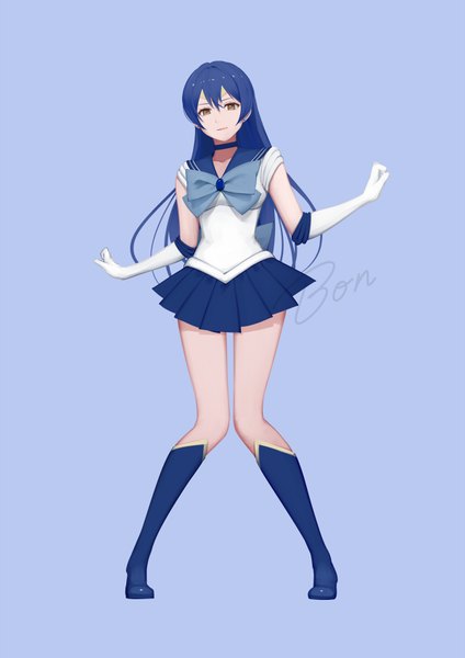 Anime picture 600x848 with love live! school idol project bishoujo senshi sailor moon sunrise (studio) toei animation love live! sonoda umi bon-da single long hair tall image looking at viewer simple background brown eyes blue hair sailor mercury (cosplay) girl skirt gloves elbow gloves white gloves