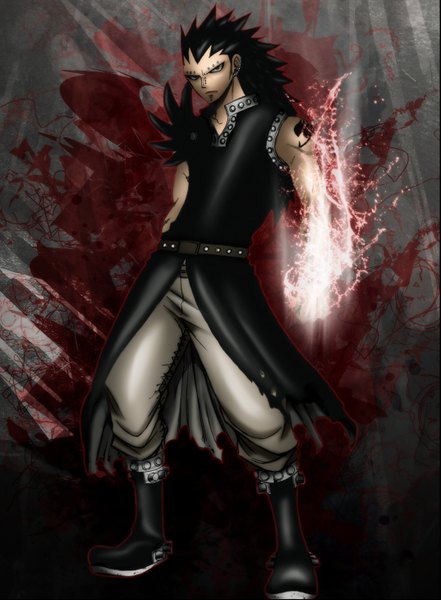 Anime picture 1073x1460 with fairy tail gajeel redfox gray fullbuster (artist) single long hair tall image black hair simple background red eyes tattoo piercing coloring magic muscle boy choker