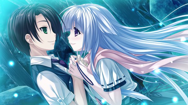 Anime picture 2048x1152 with tsukumo no kanade skyfish (studio) tagme (character) long hair fringe highres short hair black hair smile wide image purple eyes holding green eyes payot game cg upper body outdoors white hair blunt bangs profile