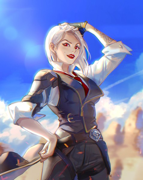 イラスト 952x1197 と オーバーウォッチ blizzard entertainment ashe (overwatch) achyue ソロ 長身像 カメラ目線 短い髪 赤い目 立つ holding 空 cloud (clouds) outdoors white hair parted lips ほくろ 刺青 腰に手 lipstick