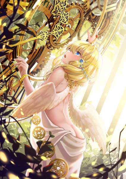 Anime picture 3960x5602 with original zhuang yao single long hair tall image blush fringe highres breasts open mouth blue eyes light erotic blonde hair hair between eyes bare shoulders absurdres ass profile arm up from behind