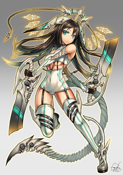 Anime picture 1000x1414 with original gia single long hair tall image looking at viewer fringe light erotic black hair holding green eyes bent knee (knees) tail parted lips animal tail wind grey background alternate costume gradient background turning head